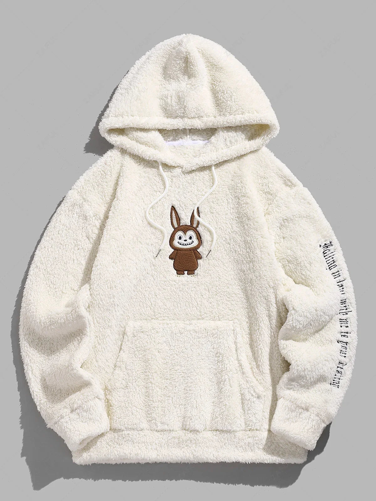 Unisex Fluffy Fleece Embroidered Kangaroo Pocket Pullover Hoodie