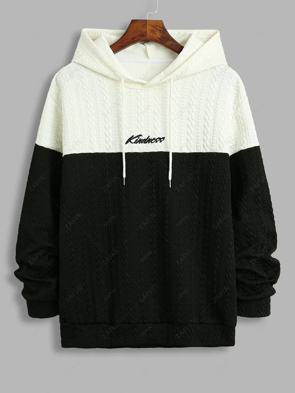 Unisex Colorblock Two Tone Jacquard Textured Letter Embroidered Pullover Hoodie