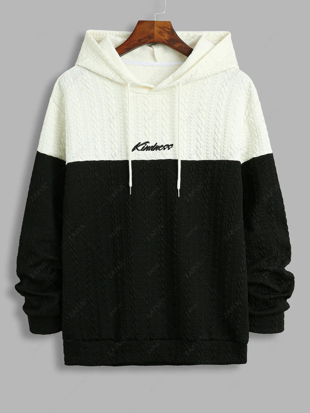 Unisex Colorblock Two Tone Jacquard Textured Letter Embroidered Pullover Hoodie