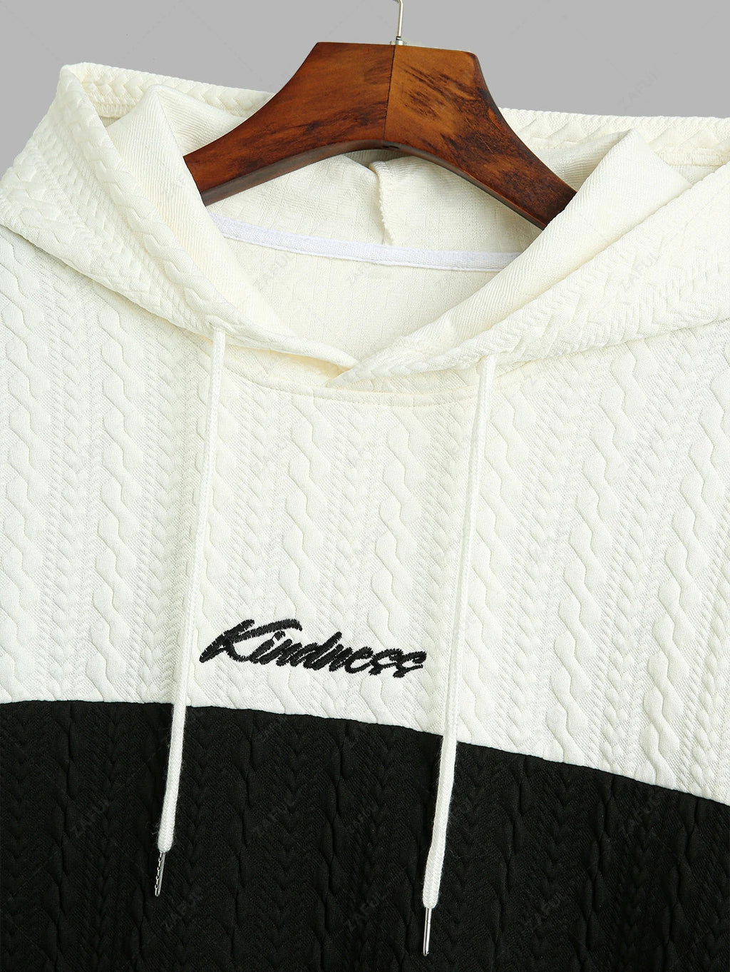 Unisex Colorblock Two Tone Jacquard Textured Letter Embroidered Pullover Hoodie